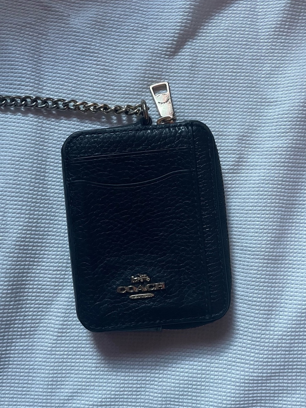 Coach Black Leather Card Holder with Chain and Logo Accent